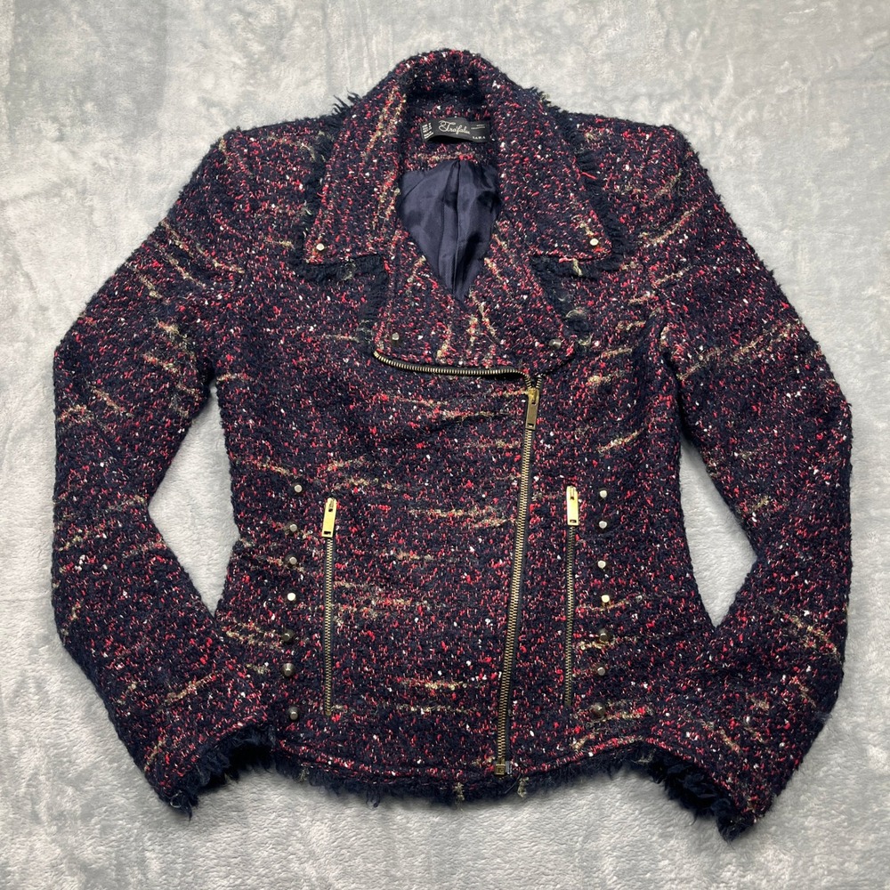 Zara Trafaluc Moto Jacket Women Multi-color Tweed Studded Asymmetric Zip Biker M